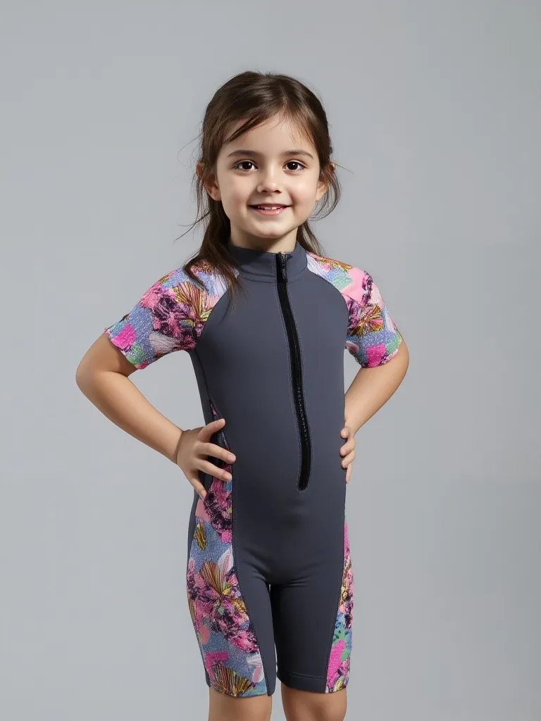 ENTERIZO MANGA CORTA NIÑA EN LICRA COREANA SUBLIMADA - C/CIERRE (4, Plomo Rata, Hadas del Mar)