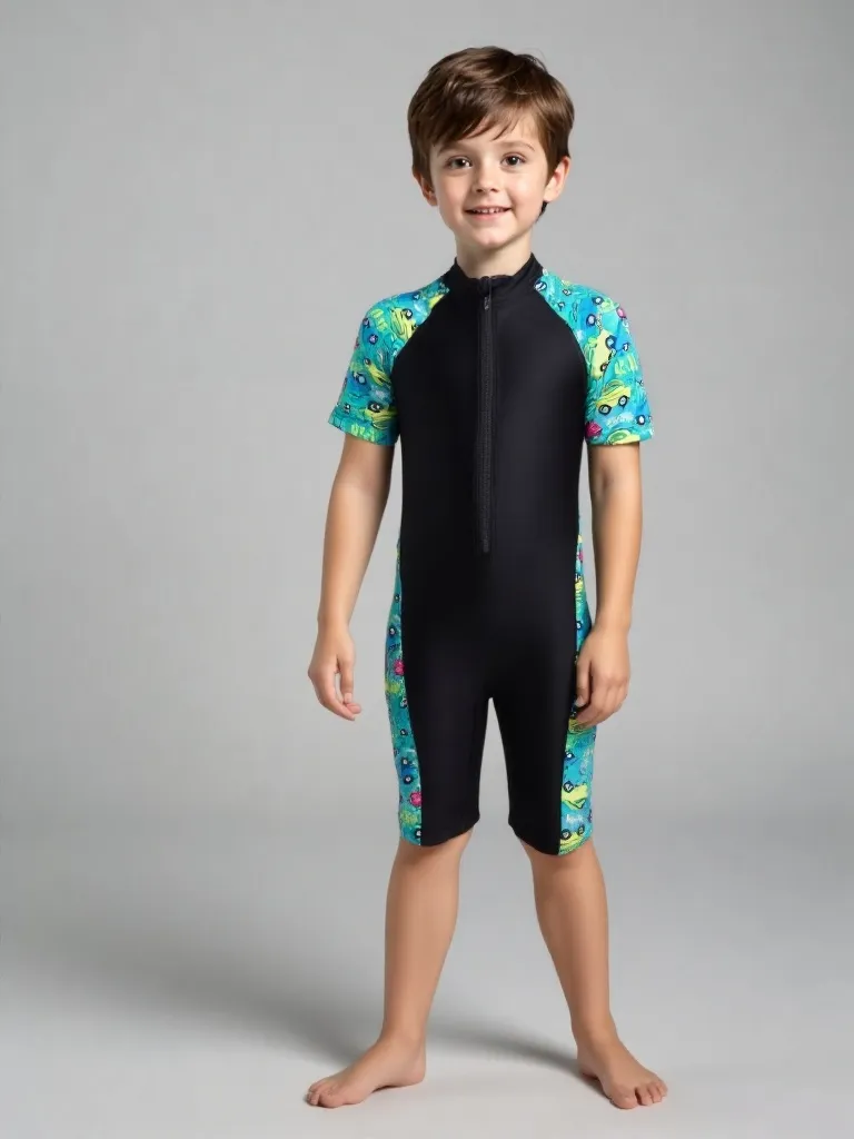 ENTERIZO MANGA CORTA NIÑO EN LICRA COREANA SUBLIMADO - C/CIERRE (4, Plomo Rata, Peces Celeste)